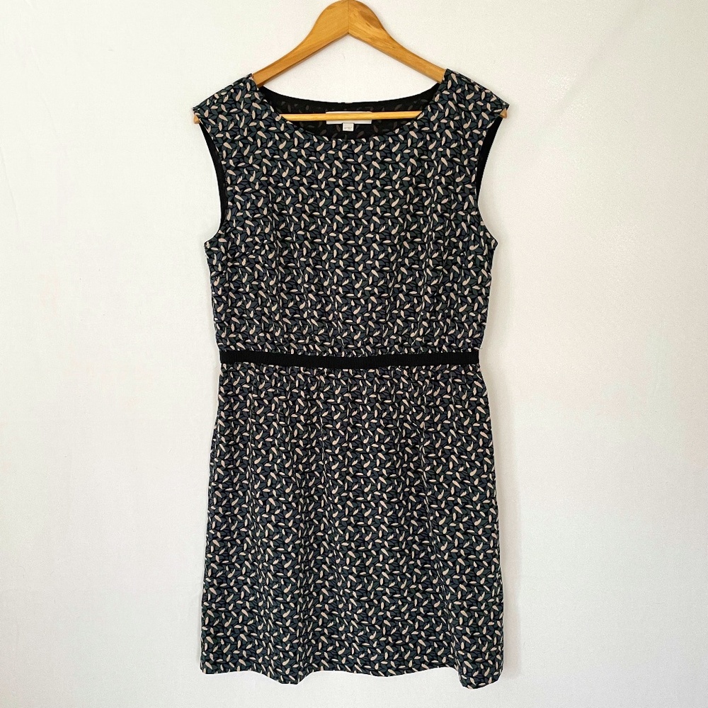 LOFT Large Petite Blue Black Ditsy Leaf Print Sleeveless Sheath Dress
